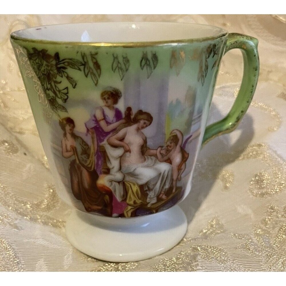 Antique Teacup Victoria Austria Porcelain Tea Cup Green Gold Women Bathing Nude